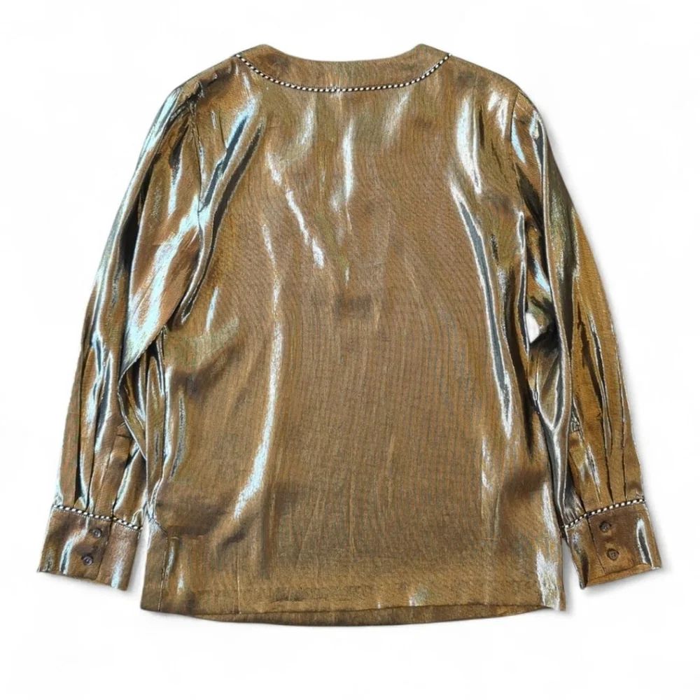 J.Crew Metallic Silk Sheer Tie Neck Blouse Gold Black Sz 4